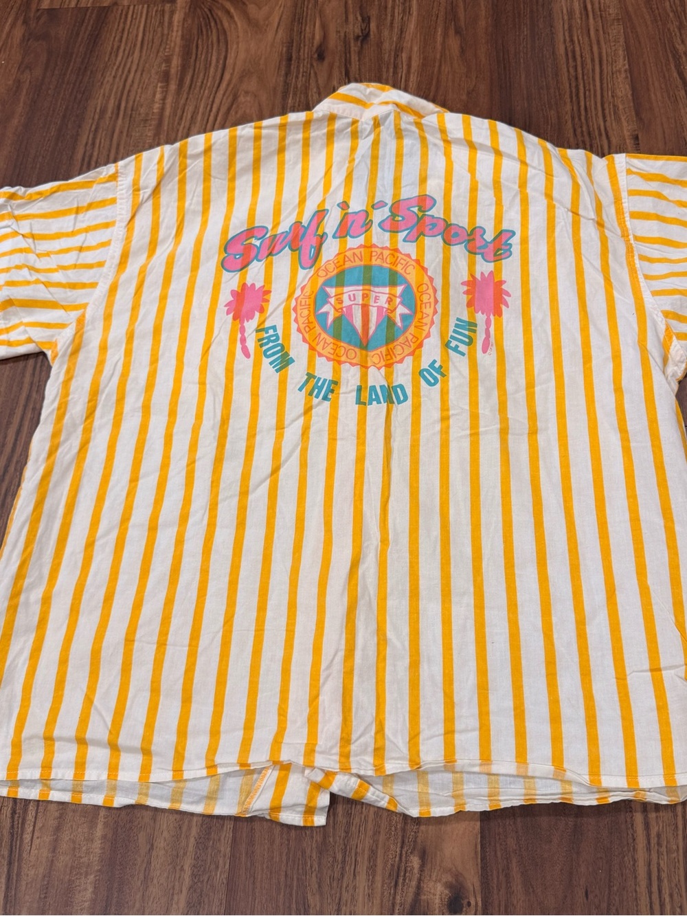 Vintage 80s Ocean Pacific Shirt Mens Yellow Vertical Striped Surf “n” sport